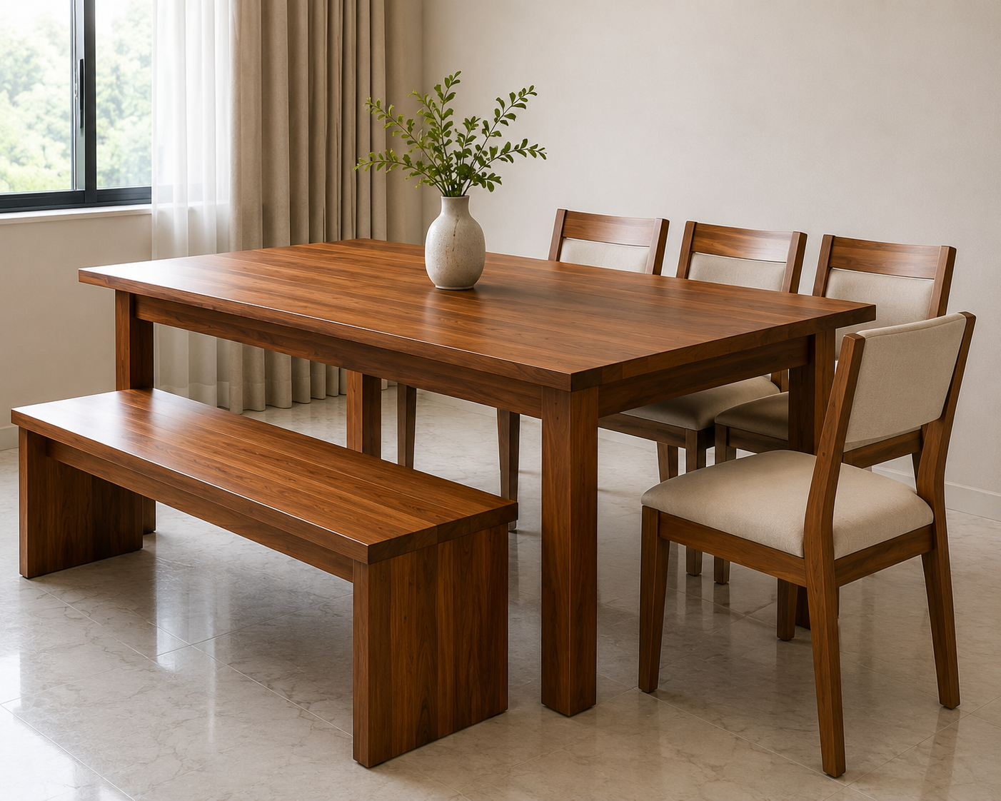 Solid walnut dining table with bench and upholstered chairs