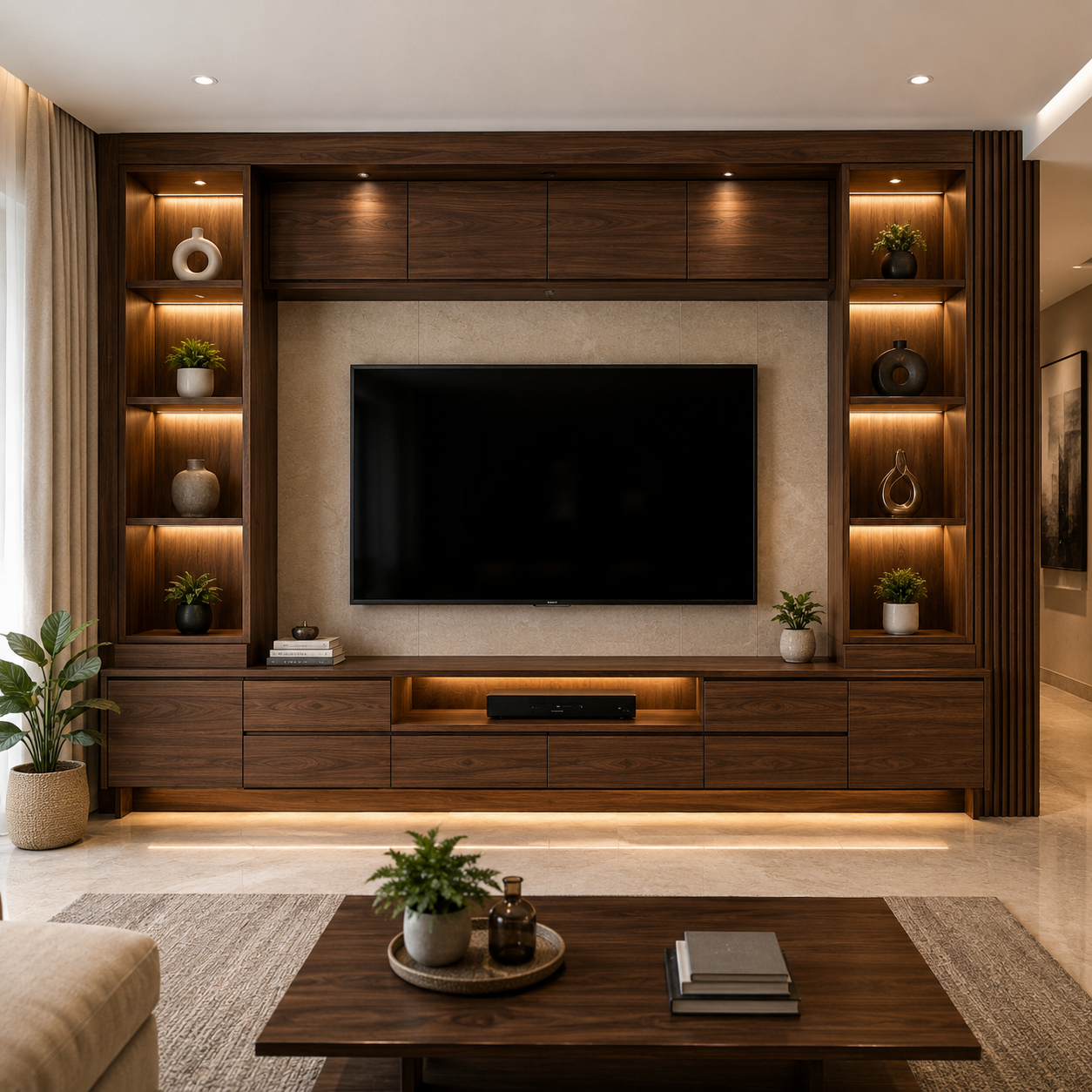Walnut finish wooden TV unit with backlit shelving